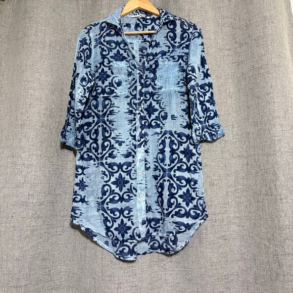 Dolma Shirt Women Large Blue Hawaii Floral Cover Up Beach Summer - Picture 1 of 4